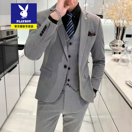 Playboy suit men's three-piece suit Korean version slim business formal casual small suit groom groomsman wedding dress 719/black two-piece suit + pants XL recommended 120-135Jin Jin equals 0.5 kg