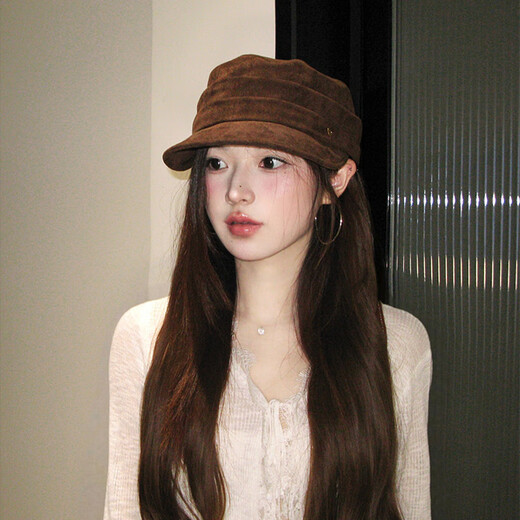 Miao Yijia Brown Hat Autumn and Winter Women's New Warm Equestrian Hat Flat Top Peaked Hat Fashionable Maillard Beret Love Mark Pleated Equestrian Hat Coffee Color