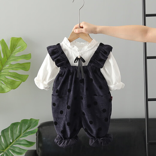 Clothes for girls, autumn polka dot overalls suit, 6, 7, 8 and 9 month old baby girl fashionable and cute suit, trendy navy blue 80cm