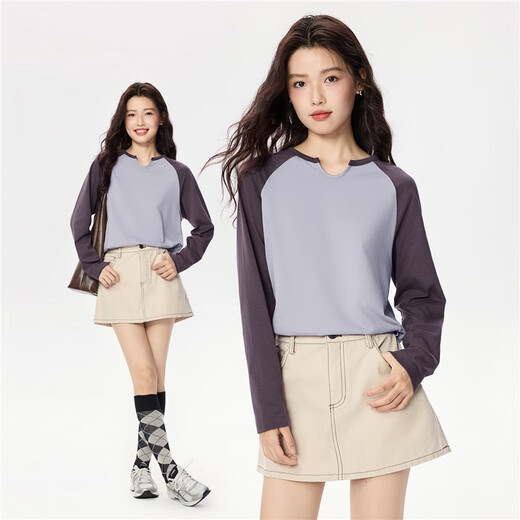 Giordano American-style football uniform for women, fashionable pure cotton small U-neck top, contrasting raglan long-sleeved T-shirt for women 13324719