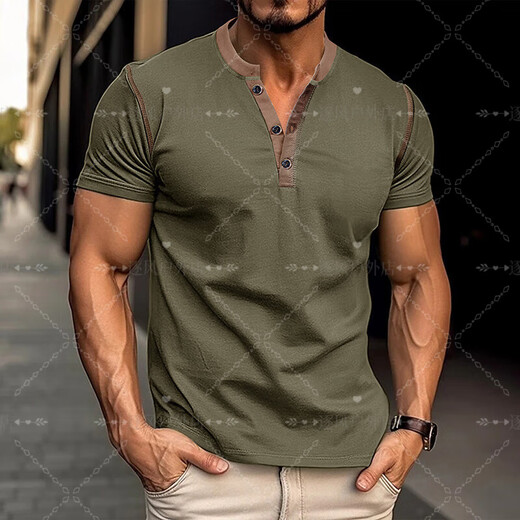 Tough guy style t-shirt for men 2025 summer new American style European and American men's fitted short-sleeved henley shirt large size burgundy burgundy S recommendation (120Jin Jin is equal to 0.5kg -135Jin Jin is equal to 0.5kg)
