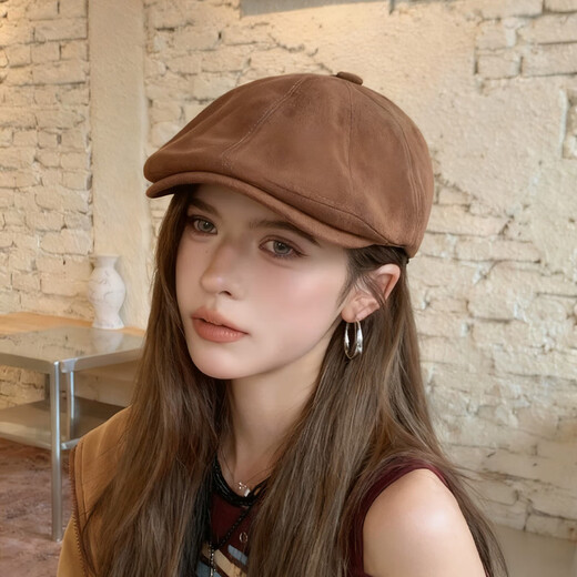 Xuanyan retro Japanese progressive hat women's British style all-match beret big head circumference backward duck bill newsboy hat beret dark brown