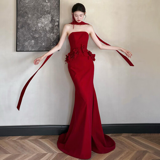 Vimadtly toast dress bridal style light luxury niche tube top wedding return engagement party red fishtail evening dress for women burgundy L