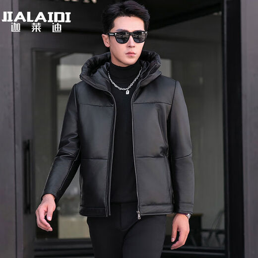 Jialedi winter Haining genuine leather jacket men's down jacket short sheepskin hooded jacket plus velvet thickened duck down jacket black M 17048