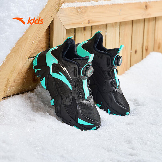 ANTA (ANTA) children's shoes, boys' shoes, sports shoes, warm plus velvet cotton shoes, autumn non-slip outdoor leisure sports snow boots for middle and large children, black/fluorescent aqua-4 35
