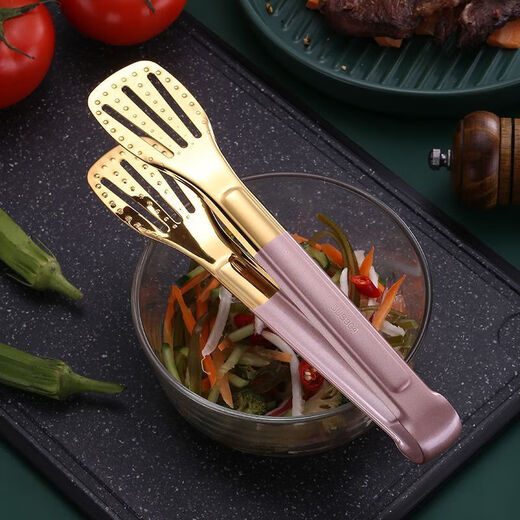 Qinkai ultra-thick stainless steel food tongs kitchen commercial anti-scald food tongs barbecue tongs steak tongs spicy hot 9 inches (length 23.5cm) stainless steel color (ordinary style)
