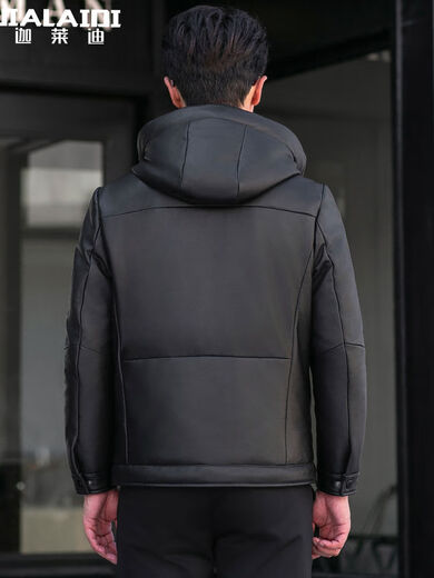 Jialedi winter Haining genuine leather jacket men's down jacket short sheepskin hooded jacket plus velvet thickened duck down jacket black M 17048