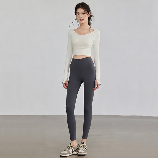 Yu Hee Hee, beautiful autumn and winter yoga clothing set, new high-end fitness, Pilates training, running, milky white top + gray pants S (100Jin Jin is equal to within 0.5kg)