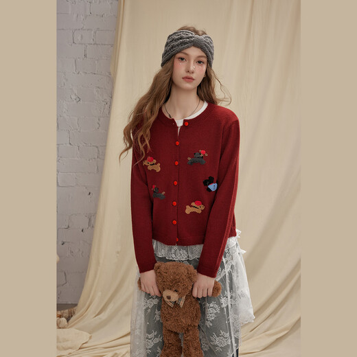 UNIFREE Qiji Red Christmas and New Year Sweater Women's Puppy Stretch Retro Round Neck Sweater Red One Size