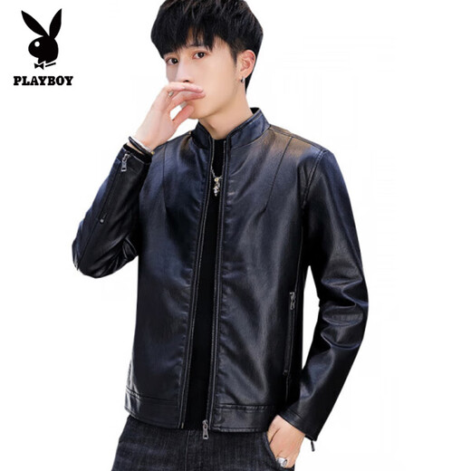 Playboy brand Haining leather jacket men's slim Korean version autumn and winter velvet thickened motorcycle quality soft leather jacket youth jacket trend A8961 black velvet L 105-120Jin Jin equals 0.5 kg