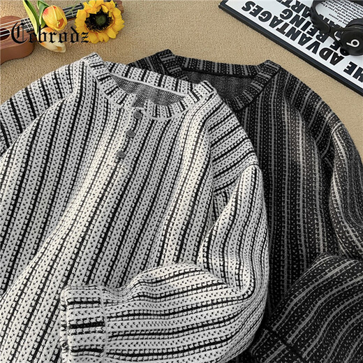 Cebrodz French Sweater Men's Autumn and Winter Herringbone Henley Collar Loose Clothes American Knitwear Trendy Brand Casual Jacket White L