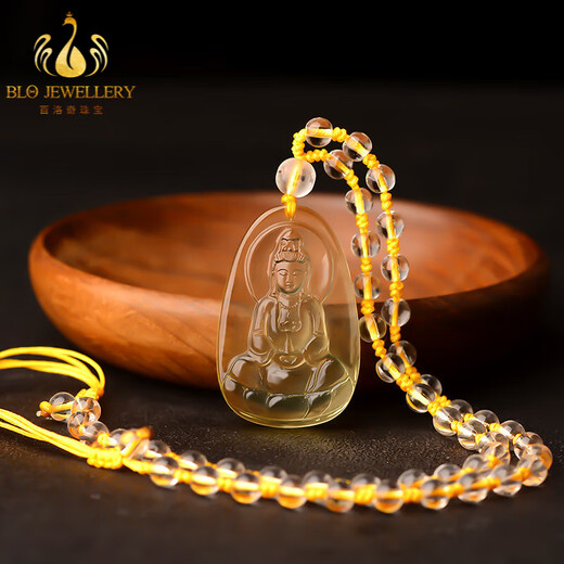 Bailuoqi Natural Citrine Guanyin Pendant Necklace Guanyin Bodhisattva Pendant Ping An Men's Buddha Statue Native Buddha Amulet Citrine (With Lanyard)