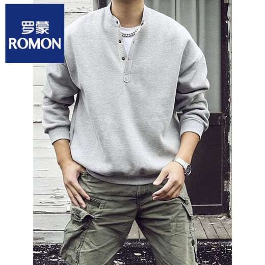 ROMON large size 300Jin Jin is equal to 0.5kg large size men's Henry collar sweatshirt men's spring and autumn new American fashion brand loose top bottoming shirt gray M 80-100Jin Jin is equal to 0.5kg