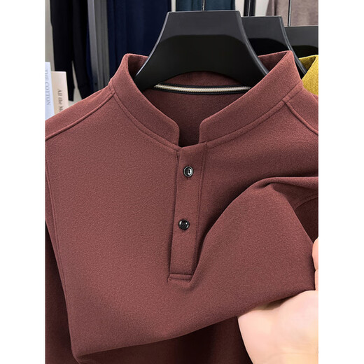 Falling autumn and winter new style German velvet youth color warm henley collar pullover sweatshirt men's long-sleeved bottoming shirt upgraded model 8572S black XL