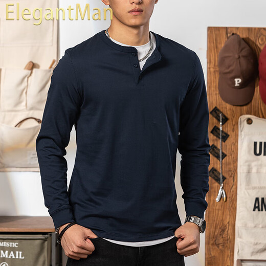 ElegantMan American retro royal blue cotton long-sleeved henley T-shirt open collar tough guy outer wear henley collar bottoming shirt men's autumn royal blue M