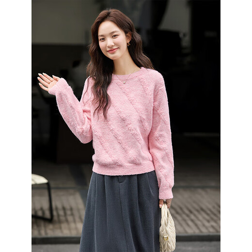 Fanximan soft waxy round neck sweater for women autumn and winter new romantic three-dimensional diagonal striped sweater top peach pink M