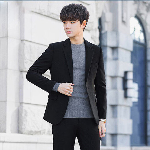 YISHion winter quilted suit suit men's Korean style trendy and versatile men's complete set of suit jackets slim and handsome top black quilted suit top L