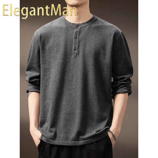 ElegantMan high-end American retro Henry long-sleeved sweater men's autumn new loose casual retro bottoming shirt dark gray S