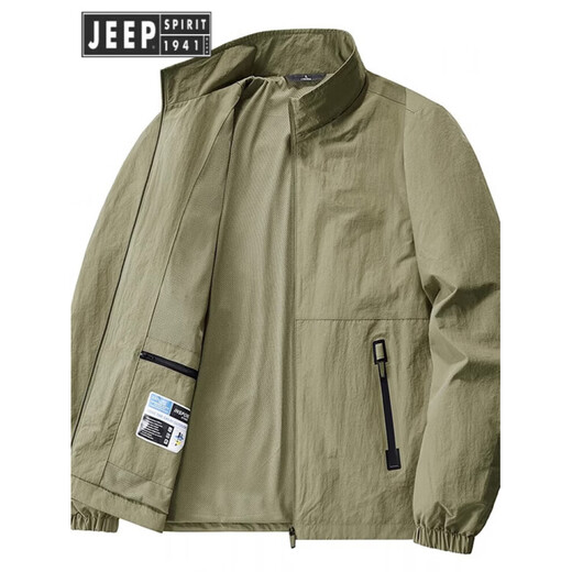 JEEP SPIRIT Jeep High-end Stand Collar Men's Jacket 2025 Autumn and Winter Plus Velvet Windbreaker Winter Casual Top Jacket Men's Military Green Jacket (Single Side) XL Size 130-145Jin Jin is equal to about 0.5 kg