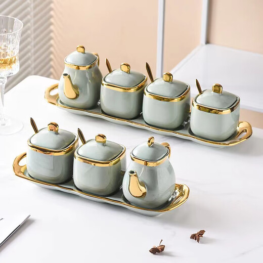 Seasoning jar set combination household Nordic light luxury seasoning box storage jar salt MSG ceramic jar kitchen storage rack emerald-set (3 jars + 1 tray + 3 spoons)