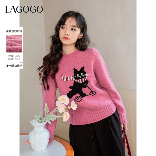 LAGOGO Naughty Cat Raspberry Pink Sweater Women Lagogu 2025 Winter New Round Neck Dopamine Sweater Pink L