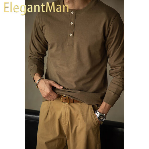 ElegantMan's workwear American retro tough guy style heavy henley shirt T-shirt long-sleeved cotton inner layering shirt men's winter brown M