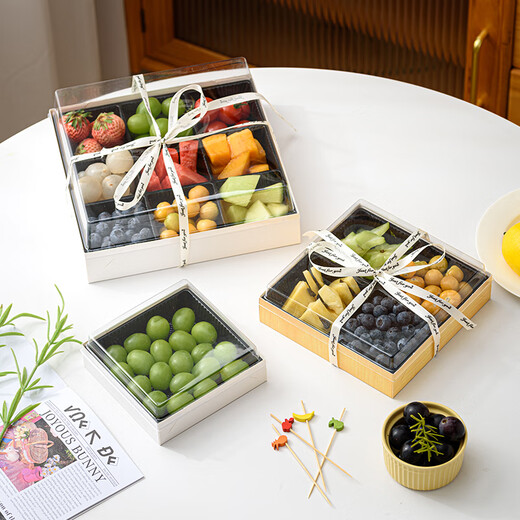 Zhiduosao four-piece fruit box, fresh fruit and fruit cut packaging box, four-grid fruit platter, disposable paper-plastic packaging box with lid, white-large-four-grid, fold-free box (set of 2)