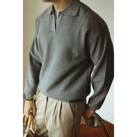 Kazuki Kuraishi KAZUKI KURAISHI autumn new V-neck sweater pullover heavy sweater yarn-dyed lapel long-sleeved POLO shirt casual light mature style for men off-white XL