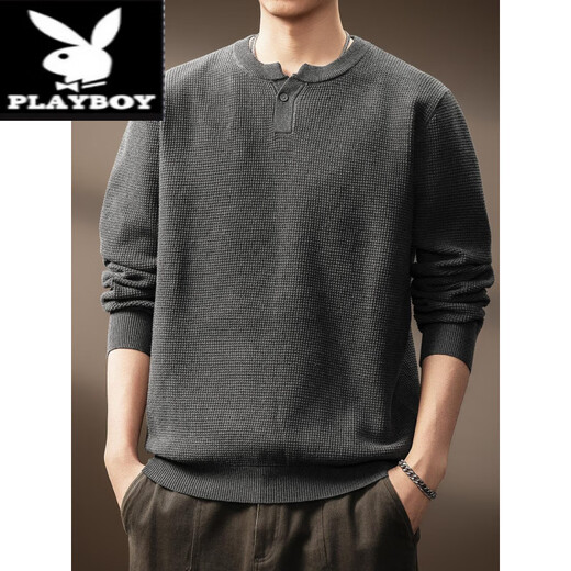 Playboy (PLAYBOY) American Henley Collar Old Money Style Tough Guy Sweater Men's Autumn Long Sleeve Loose Inner Casual Sweater Men's Flower Dark Gray M Suitable for -120Jin Jin is equal to 0.5 kg