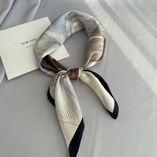 Elegant, intellectual and beautiful printed beige silk square scarf for women with mulberry silk hair tie scarf and hair tie scarf blue_ready in stock