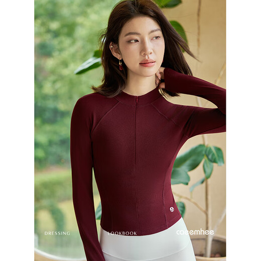 Kayi yoga wear for women in autumn and winter, high-end long-sleeved fitness tops, professional high-end fashion Pilates training clothes for women, Bordeaux red, mousse warm velvet, breastless cushion M