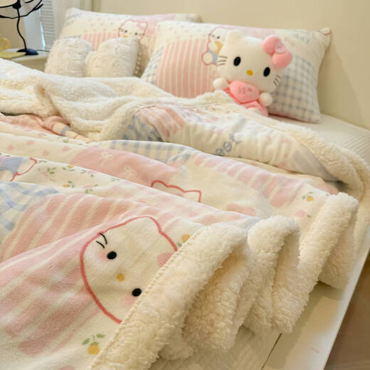 Fantasy Cute Cat Milk and Lamb Velvet Blanket 2025 New Girly Heart Sofa Blanket Thickened Warm Sheet Cover Blanket Kaca Paradise Milk Velvet + Lamb Velvet Cat-like Feel 70x100cm Napping Children's Blanket