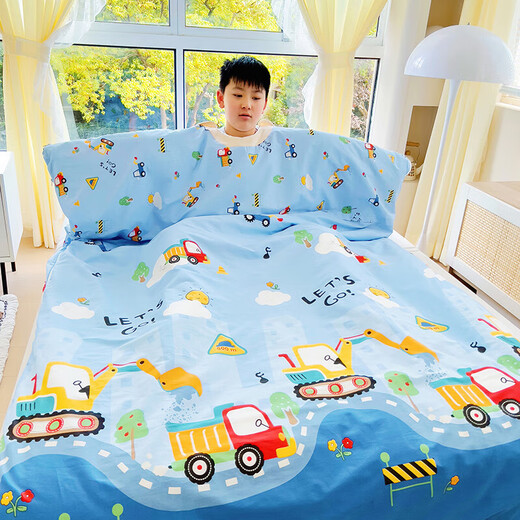 Children's sleeping bag spring, autumn and winter thickened pure cotton four-season universal anti-kick quilt for primary school students, babies, middle-aged and older children, Mengduo-engineering vehicle, soft and breathable, 120*150cm soybean cotton 1 thin 1 thick