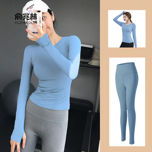 Yoga clothing set for women's fitness and Xianqi yoga new Pilates spring and autumn tops 8010 black long sleeves + 8002 royal blue trousers XL plus size recommended 122-132 Jin Jin equals 0.5 kg