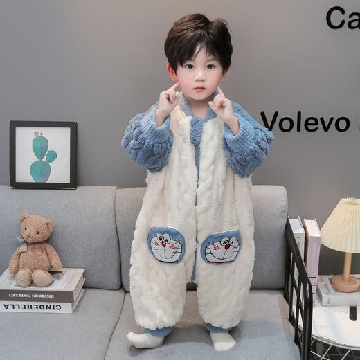 Children's one-piece pajamas autumn and winter coral velvet thickened baby anti-kick quilt winter flannel boy sleeping bag blue 90