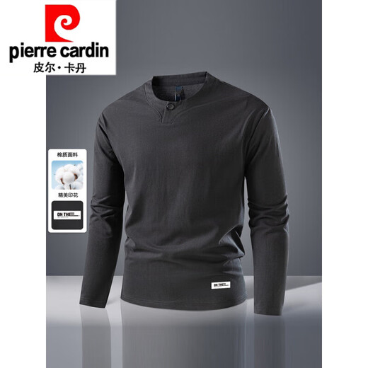 Pierre Cardin heavyweight Milan color spring and autumn new four-button Henry collar men's long-sleeved T-shirt business top bottoming shirt knitted dark gray L 175/92A