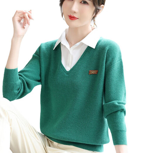 假两件女士毛衣秋款2025年新款女装长袖小衫衬衣领打底衫洋气上衣 1223绿色 均码