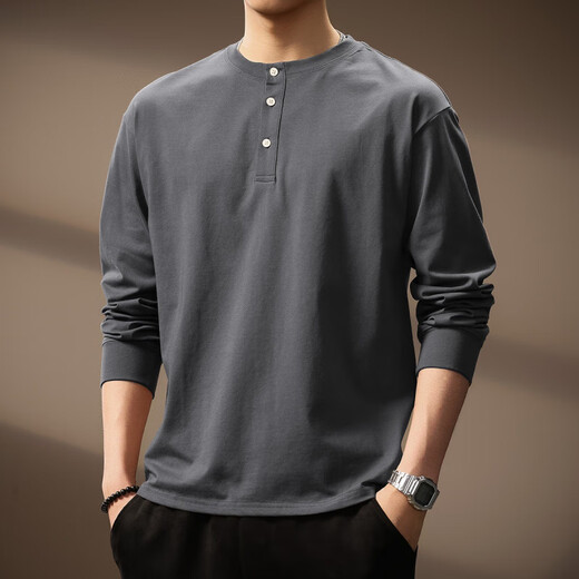 AX Armani broken code 2026 high-end simple solid color Henry collar long-sleeved shirt for men autumn loose heavyweight retro hit brown M suitable for 110-130Jin Jin is equal to 0.5 kg