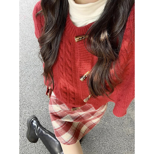 Hao'e lazy style red sweater cardigan coat for women autumn and winter Korean atmosphere knitted top for inner and outer wear knitted sweater jacket red one size fits all