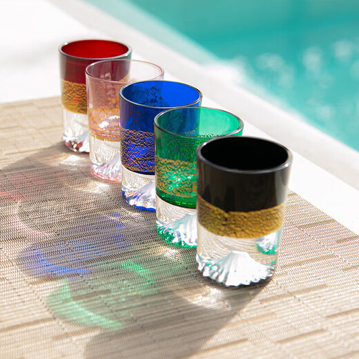 Black gold foil Mount Fuji cold wine glass, original wooden box, imported from Japan