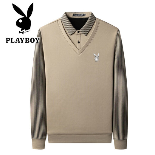 Playboy (PLAYBOY) high-end fake two-piece sweater men's velvet thickened bottoming shirt 2026 winter new casual loose warm wool sweater Shangqing 6658 style velvet thickened 2XL 180