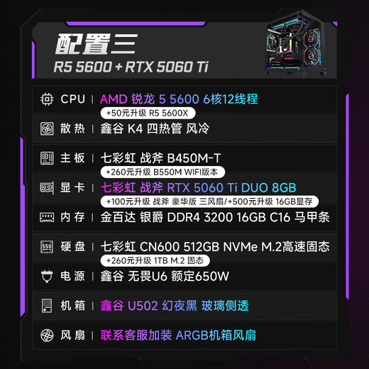 Colorful AMD 5600X/5700X/5050/5060/5060ti DIY game console assembly computer design live desktop computer 3A masterpiece with three 5600+RTX5060ti black single console