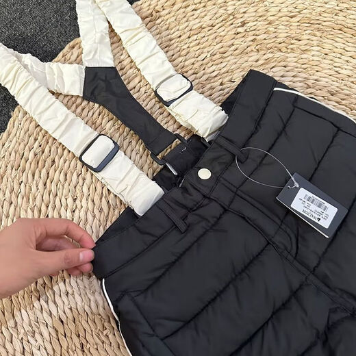 Autumn and winter children's outdoor thickened baby bag ski pants for small, medium and large children, boys' windproof and warm pants, navy blue with straps PT02, one size fits all 110