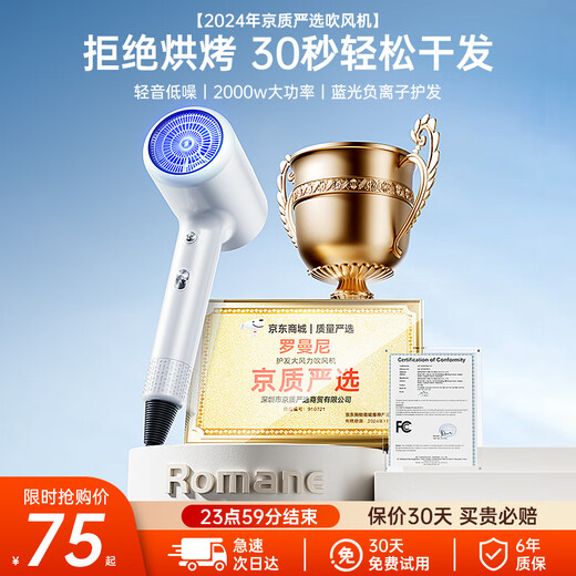 Romani 2000W ultra-high power | 200 million negative ions for hair care, high-speed hair dryer for home use, quiet, quick drying, no harm to hair, high wind hair dryer, hair salon and barber shop special hair dryer, mist blue - high version, 2000W high power, 200 million blue light negative ions, noise reduction and mute, one-click constant temperature hair care, 1.8 meters long cord