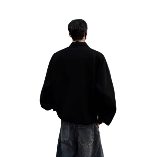 Gongzixue cleanfit Henry collar sweatshirt men's spring and autumn American retro polo shirt handsome trendy loose long black M