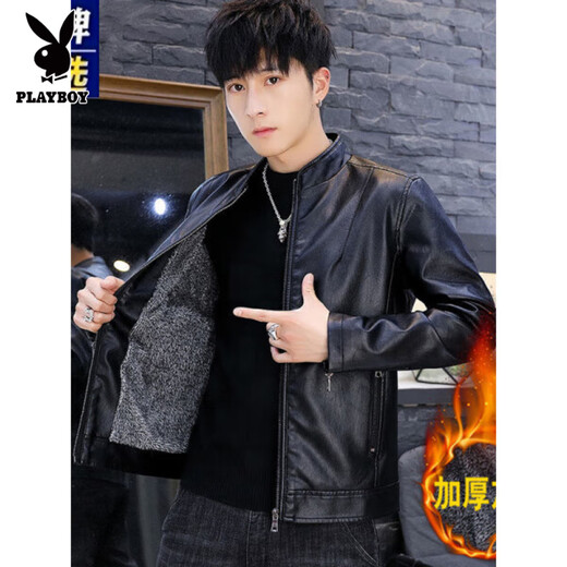 Playboy brand Haining leather jacket men's slim Korean version autumn and winter velvet thickened motorcycle quality soft leather jacket youth jacket trend A8961 black velvet L 105-120Jin Jin equals 0.5 kg
