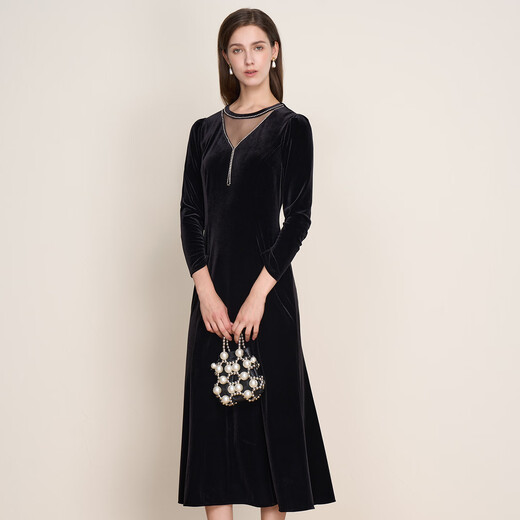 EITIE temperament and high-end banquet hollow beaded velvet fishtail dress 2025 winter new mother's wear 7977613 minimalist black 20 S (155)