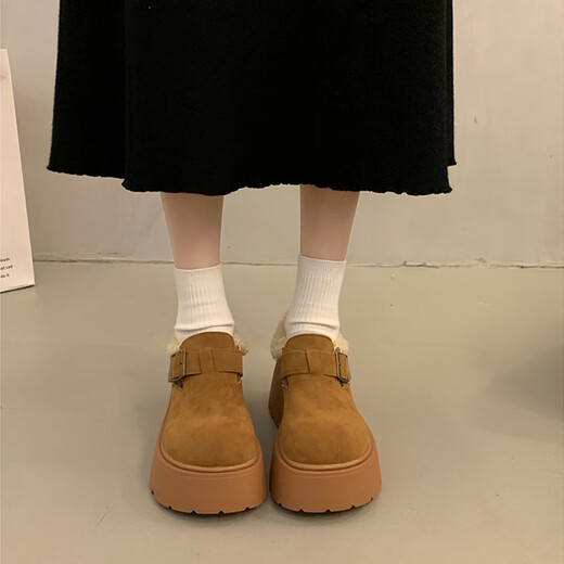 Woodpecker Thick Sole Heightened Birkenstock Women's Snow Boots 2025 New Autumn and Winter Velvet Bread Shoes Warm Northeast Large Cotton Shoes Yellow Brown 38 (240mm)