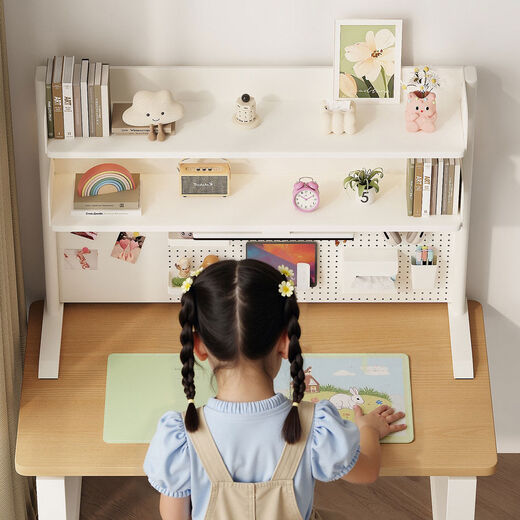 桌面书架立式办公桌上铁艺多层书架学生电脑桌上收纳洞洞板置物架 稳固加粗玄武钢立式双层奶油白高38长80赠21件套+磁扣