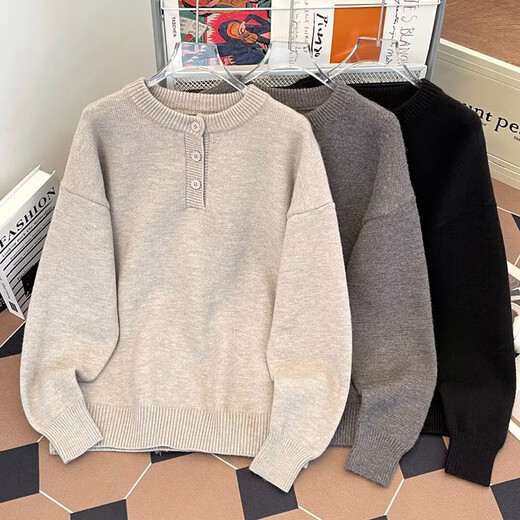 Ye White Dongguan Dalang Knitted Sweater Men's Autumn and Winter New Henley Collar Sweater Men's Solid Color Bottoming Knitted Jacket Gray 2XL